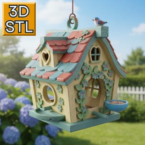 May include: A decorative birdhouse with a blue and red roof, heart-shaped window, and a small blue bird perched on top. The birdhouse has a feeding tray and is adorned with floral accents. The text "3D STL" is in the upper left corner.