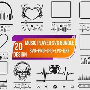 May include: A set of 20 music player SVG designs in black and white. The designs include headphones, hearts, skeletons, and music player controls. The text "20 MUSIC PLAYER SVG BUNDLE SVG+PNG+JPG+EPS+DXF DESIGN" is in a purple and orange banner.