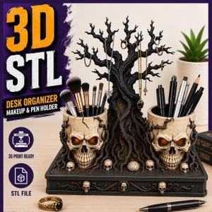 May include: A gothic-themed desk organiser. It features two skull-shaped holders for makeup brushes and pens, a central tree design for jewellery, and a base with small skulls. The text "3D STL DESK ORGANIZER MAKEUP & PEN HOLDER" is visible.