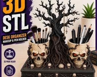 Halloween Skull Desk Organizer STL | Gothic Tree Pen Holder (Digital Download)