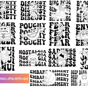 Inside Out 2 SVG, Clipart de dibujos animados: ira, alegría, tristeza, vergüenza, ansiedad, envidia, aburrimiento 14 diseños Descarga digital Silueta Arte lineal