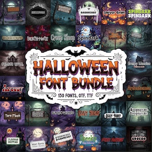 Könnte beinhalten: Eine Sammlung von Halloween-Schriftarten mit verschiedenen gruseligen Designs. Das Bild zeigt mehrere Schriftarten mit Namen wie "Spindark", "Creep Sleep" und "Crazy Story". Der zentrale Text lautet "Halloween Font Bundle" mit 130 Schriftarten.