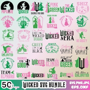 Wicked Svg Bundle: Emblemat filmowy, różowy i zielony Svg, emblematy Witch Vintage. Zawiera czcionkę Wicked Alphabet (OTF, TTF) i PNG Clipart.