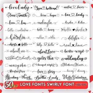 Pode incluir: Uma coleção de 50 fontes de amor em espiral em script preto. As fontes incluem palavras como "amor", "olá" e nomes, com acentos de coração. A imagem tem uma faixa vermelha na parte inferior com o texto "50 Love Fonts Swirly Font."