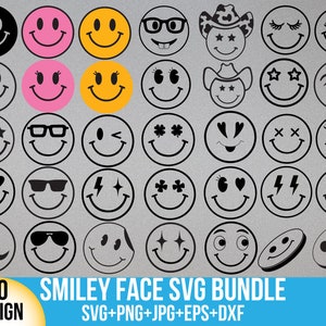 Smiley face SVG-bundel, png, dxf, trendy emoji's, Groovy SVG, blije gezichten voor de Cricut en Silhouette.