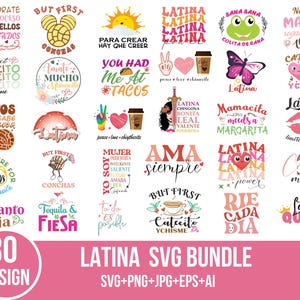 Lot de motifs latinos SVG PNG comprenant des citations mexicaines amusantes « Mais d'abord Cafecito y Chisme, Chingona » et des motifs par sublimation pour des t-shirts.