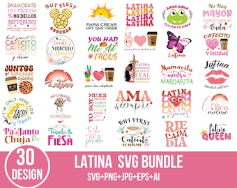 Latina SVG PNG Design Bundle featuring &quot;But First Cafecito y Chisme, Chingona&quot; funny Mexican quotes, and sublimation designs for T-shirts.