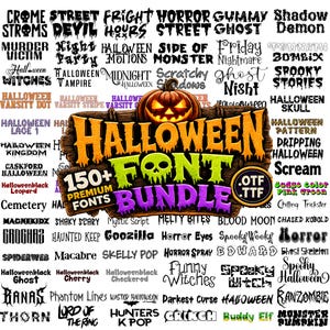 May include: A digital collection of over 150 Halloween-themed fonts displayed as a graphic bundle. The central wooden sign features a glowing jack-o'-lantern and the text Halloween Font Bundle with OTF and TTF file format labels.