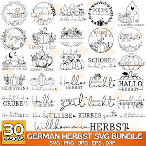 May include: A collection of 30 German Herbst (Autumn) SVG designs. The black and white designs feature pumpkins, leaves, and text such as "Hallo Herbst", "Herbst Zeit", and "Willkommen Herbst". The designs are available in SVG, PNG, JPG, EPS, and DXF formats.