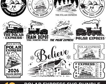 Paquete de archivos SVG de Polar Express: Polo Norte, estación de tren, regalo navideño en forma de tren, letrero navideño.