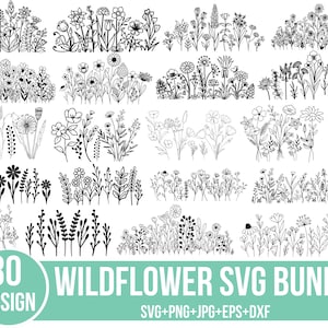 Bundle svg fleurs sauvages, floral svg, svg monogramme fractionné, bouquet Svg, svg nature, svg de croquis de fleurs, fichier coupé pour Cricut, silhouette