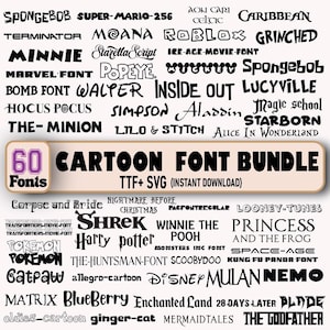 Cartoon Font Bundle: 60 SVG & TTF Fonts for Cricut, Silhouette, Canva, and other crafting projects. Digital download.