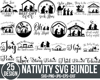 May include: A set of 25 black and white Nativity SVG designs. The designs feature various scenes from the Nativity story, including the Wise Men, the star of Bethlehem, and the manger. The text "25 DESIGN NATIVITY SVG BUNDLE" is at the bottom of the image.