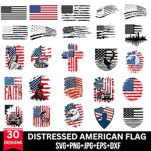 May include: 30 distressed American flag designs in various styles, including a cross, a jeep, a motorcycle, a bald eagle, and a soldier. The designs are in red, white, and blue with a distressed look.