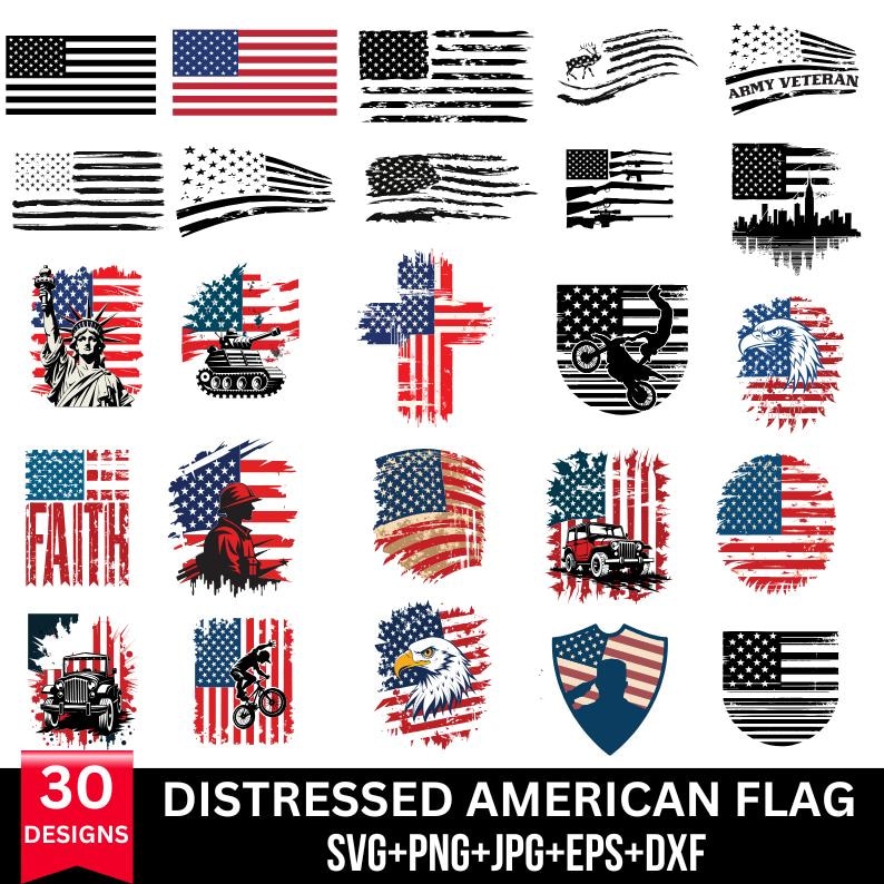 May include: 30 distressed American flag designs in various styles, including a cross, a jeep, a motorcycle, a bald eagle, and a soldier. The designs are in red, white, and blue with a distressed look.