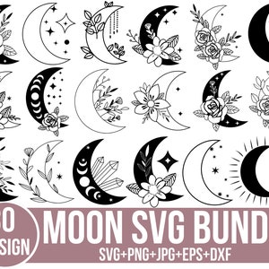 Moon SVG Bundle, Moon svg, Floral Moon svg, Mystic Celestial Svg, Moon and Stars SVG, Crescent Moon Svg, Cut File for Cricut, Silhouette