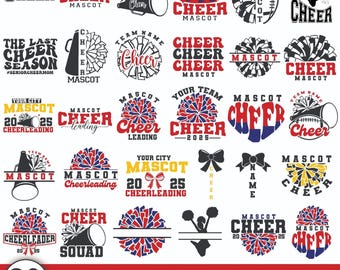 Puede incluir: Un conjunto de 30 diseños SVG de animación personalizados. Los diseños presentan pompones, megáfonos y texto como "Cheer", "Mascot" y "Cheerleading". La combinación de colores incluye rojo, blanco y azul.