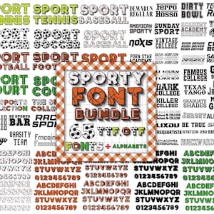 May include: A collection of sports-themed fonts and alphabets. The central image features a "Sporty Font Bundle" graphic with a basketball and soccer ball design. Includes 65 TTF and OTF fonts, plus alphabets.