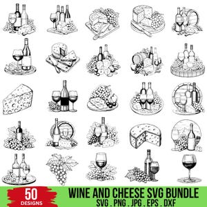 Wein und Käse Bundle: Enthält Silhouetten von Trauben, Weinfass, Käse, Weinglas und Weinbergen sowie Schnittdateien.