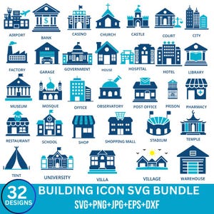 Gebäude Designs SVG Bundle: Haus, Geschäft, Schule, Garage, Hotel, Büro, Krankenhaus und Schnittdateien für Cricut und Silhouette.
