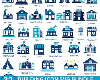 Building Designs SVG Bundle: House, School, Shop Icons (Cut Files)