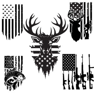 May include: Black and white digital design featuring a deer head with antlers, a fish, and guns with an American flag background.