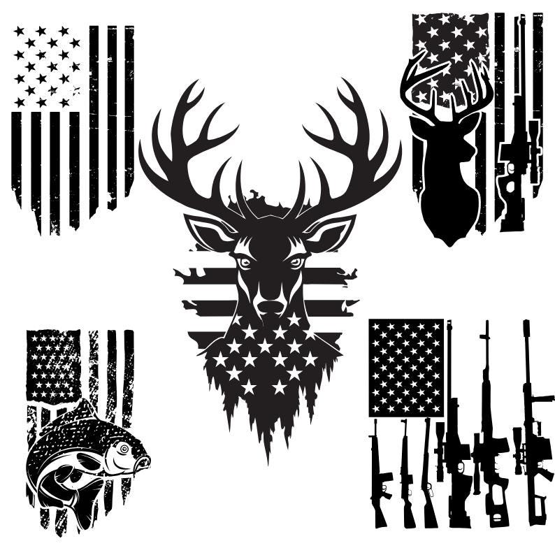 May include: Black and white digital design featuring a deer head with antlers, a fish, and guns with an American flag background.