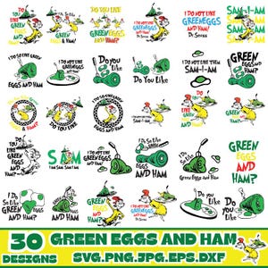 Paquete SVG de huevos verdes con jamón para Cricut y Silhouette. Incluye "Dr. S., me encantan los huevos verdes con jamón, Sam I Sam SVG, descarga instantánea".
