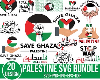 May include: A set of 20 digital design files featuring various images and text related to Palestine. The designs include the Palestinian flag, the words "Save Gaza", "Free Palestine", and "Stop War".