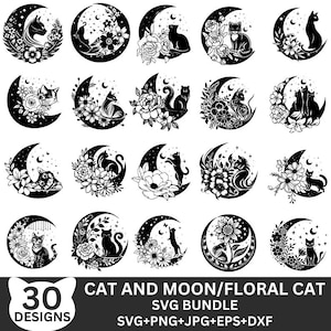 Pacote de arte digital Magical Cat and Moon: silhueta de gato SVG, gato floral svg, clipart de gato, arquivo de corte de gato, gato preto SVG
