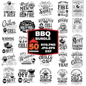 Pacote com 50 designs SVG para churrasco, SVGs para grelhar, SVGs para avental engraçado, SVGs para bar e grelha do pai