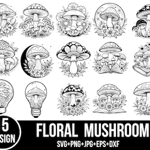 Floral Mushroom svg-bundel, paddestoel clipart, mystieke maan paddestoel svg, magische paddestoel svg, bloemenboek paddestoel, paddestoel bol svg, png.