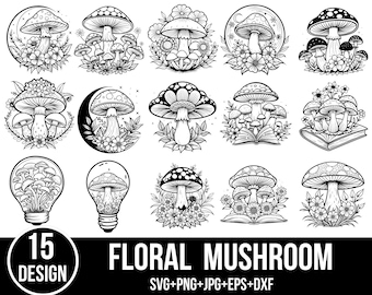Puede incluir: Un conjunto de 15 ilustraciones digitales en blanco y negro de setas florales. Las setas se representan con detalles intrincados y rodeadas de flores y hojas. Las ilustraciones son perfectas para proyectos de manualidades, scrapbooking y diseño digital.