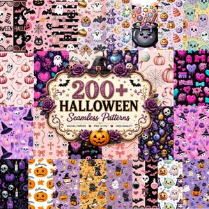 May include: A digital collection of over 200 Halloween seamless patterns featuring various motifs including ghosts, pumpkins, black cats, bats, skulls, cauldrons, and potions in a color palette of pink, purple, black, and orange.