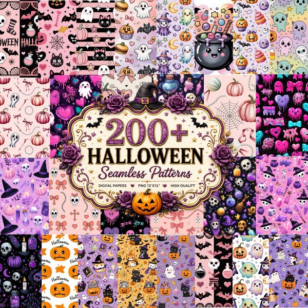 Halloween Seamless Digital Paper Patterns: 200+ Printable PNG Backgrounds for Scrapbooking, Instant Download