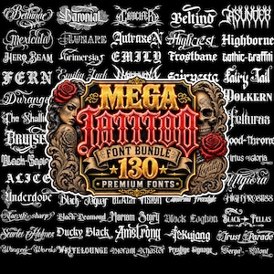 Pode incluir: Um gráfico digital com o texto MEGA TATTOO FONT BUNDLE 130 PREMIUM FONTS em letras douradas e vermelhas. O design central é ladeado por uma mulher com uma rosa vermelha e um crânio com uma rosa vermelha, sobre um fundo preto de fontes.