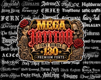 Mega Tattoo Font Bundle | 130 Gothic, Script, Chicano Fonts (OTF/TTF)
