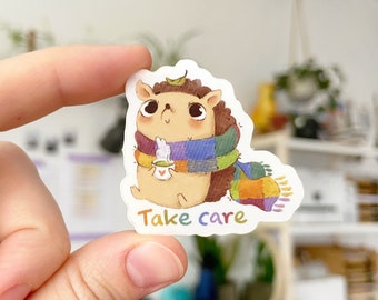 Take Care - Glossy Vinyl Hedgehog Sticker, Animal Decal