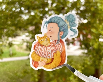 Cozy Hugs Cat Sticker, Waterproof Vinyl Laptop Decal, Animal Art