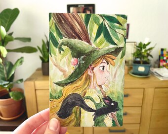 Witch and Cat Postcard, Nature Desk Decor, Pen Pal Greeting Card