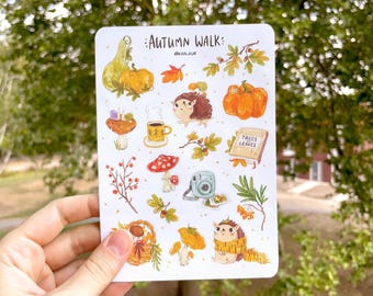 Autumn Walk Matte Vinyl Sticker Set – Pumpkins, Mushrooms, Hedgehogs (A6 Sheet)