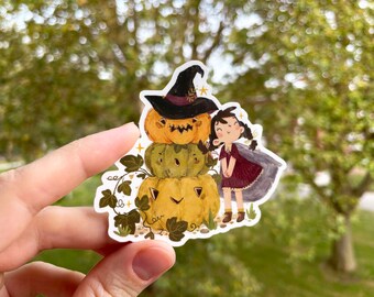 Pumpkin Girl Halloween Sticker, Glossy Waterproof Vinyl, Autumn Botanical Art