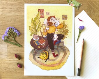 Tea with Bunnies Art Print, Cozy Autumn Gouache Illustration, Smooth Paper Wall Decor