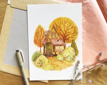 Gouache Autumn House Print, Cozy Fall Desk Decor, A5 Textured Paper Art