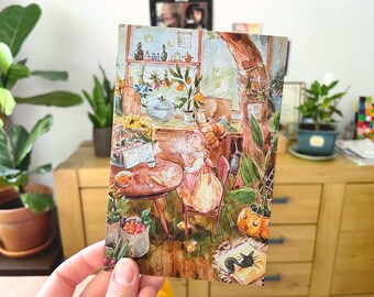 Little Witch Baking Postcard, Autumn Watercolor Art Print, Desk Decor (A6)