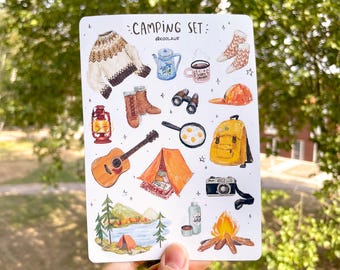 Matte Vinyl Camping Stickers – Cozy Travel, Hikes, Journaling (A6 Sheet)
