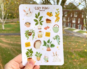 Plants sticker Set, Cozy botanical stickers with bunnies, ideal for Bullet journal Planner and Scrapbooking