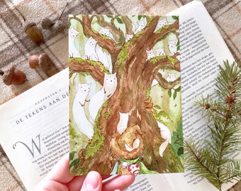 Magical Tree Postcard, Whimsical Woodland Creatures, Desk Decor