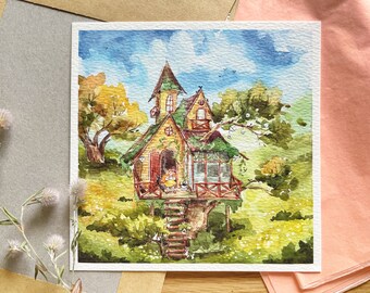 Treehouse Watercolor Art Print, Whimsical Children's Illustration, Colorful Nature Decor