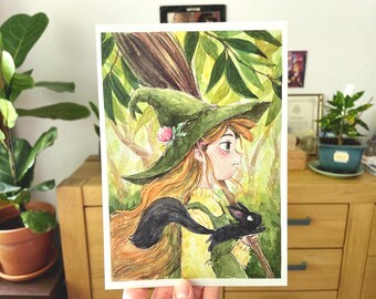 Watercolor Witch Art Print, Nature Inspired Forest Wall Art, Desk Decor (A5)
